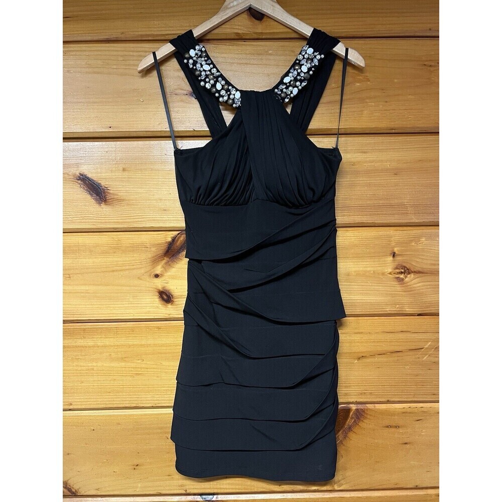 City Triangles Sz M Black Formal Embellished Halter Bodycon Dress Cross Ruffles